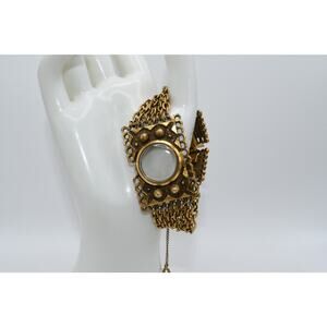 Vintage Multi Strand Gold Tone Bracelet Hidden Box Clasp Crystal Center